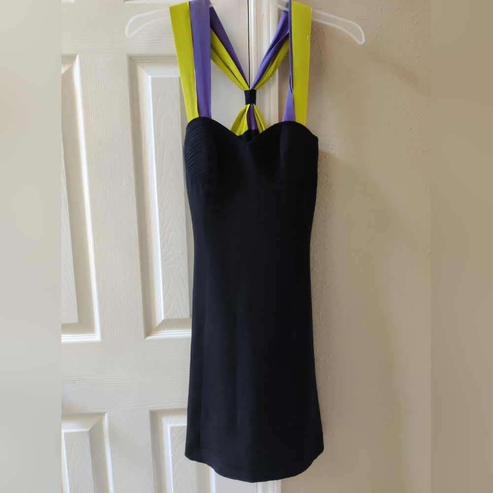 Anya Vintage 90s Silk Dress Lime Green Purple Straps Small Rare